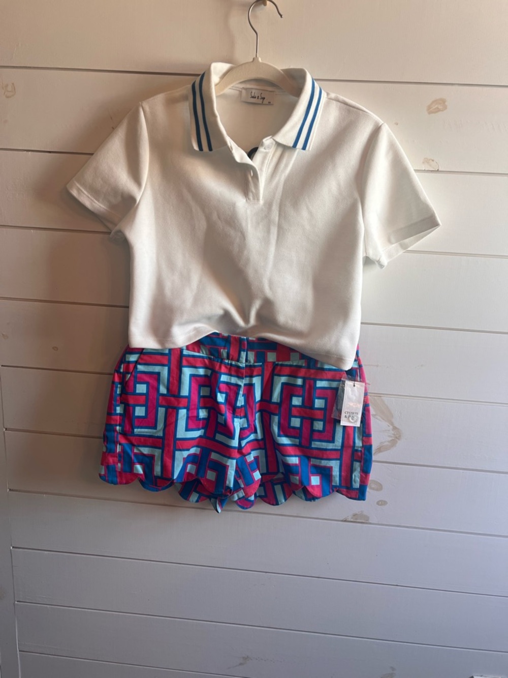 Sadie & Sage Cropped White Polo w/ Navy Trim and Crown and Ivy Scalloped Shorts